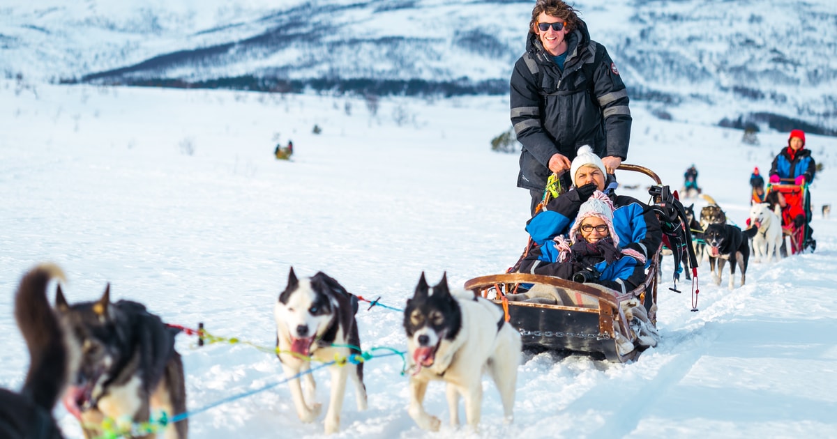 Passengers riding a guide-driven husky sled