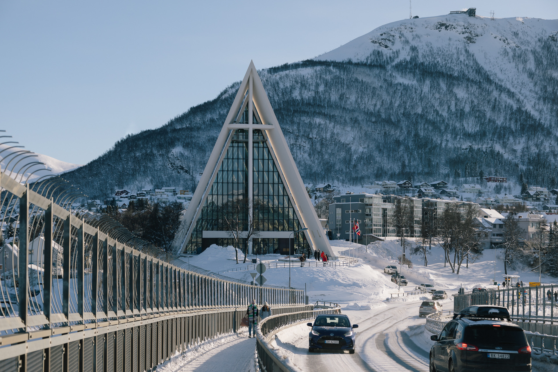 Arctic Cathedral seen from Tromsø Bridge on a snowy day