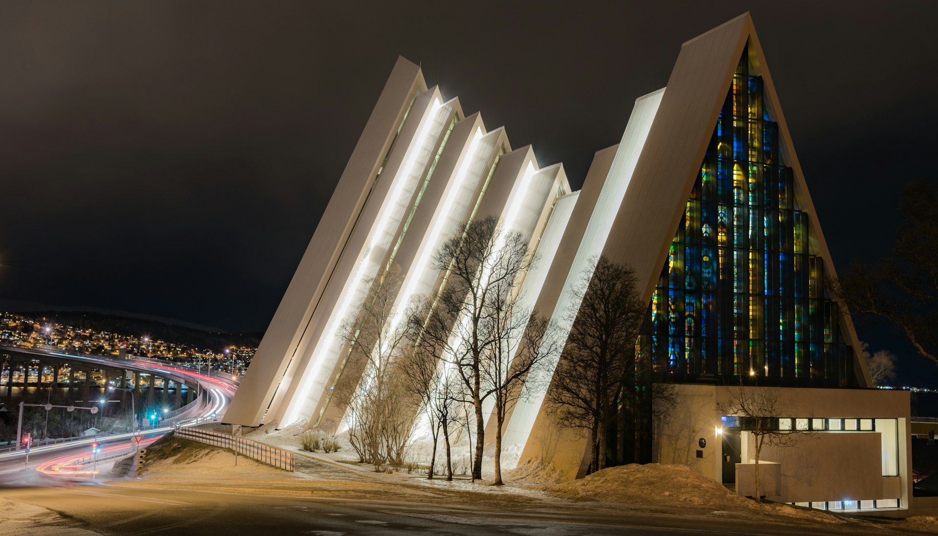 Arctic Cathedral illuminated at night in Tromsdalen