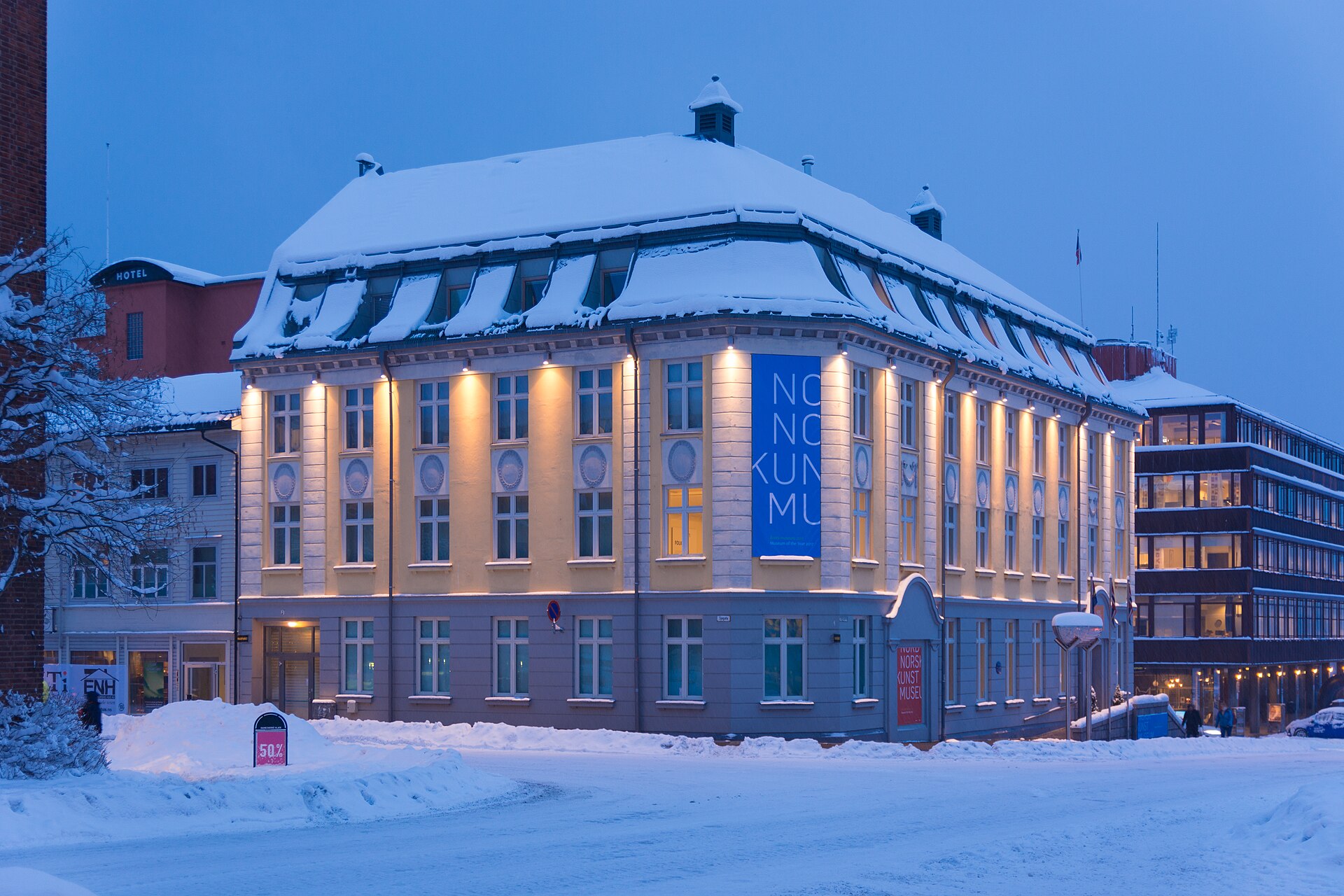 Nordnorsk Kunstmuseum at Sjøgata 1 on a snowy evening in Tromsø