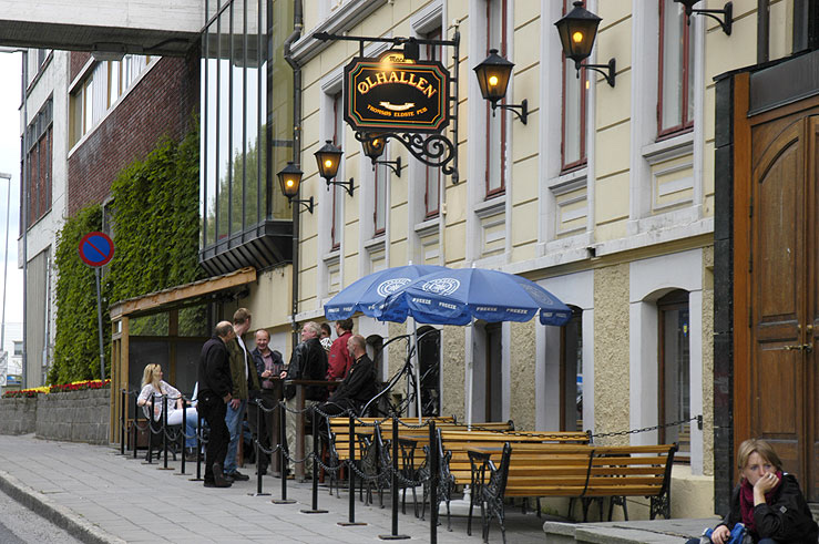 Ølhallen sign and street-side entrance in Tromsø