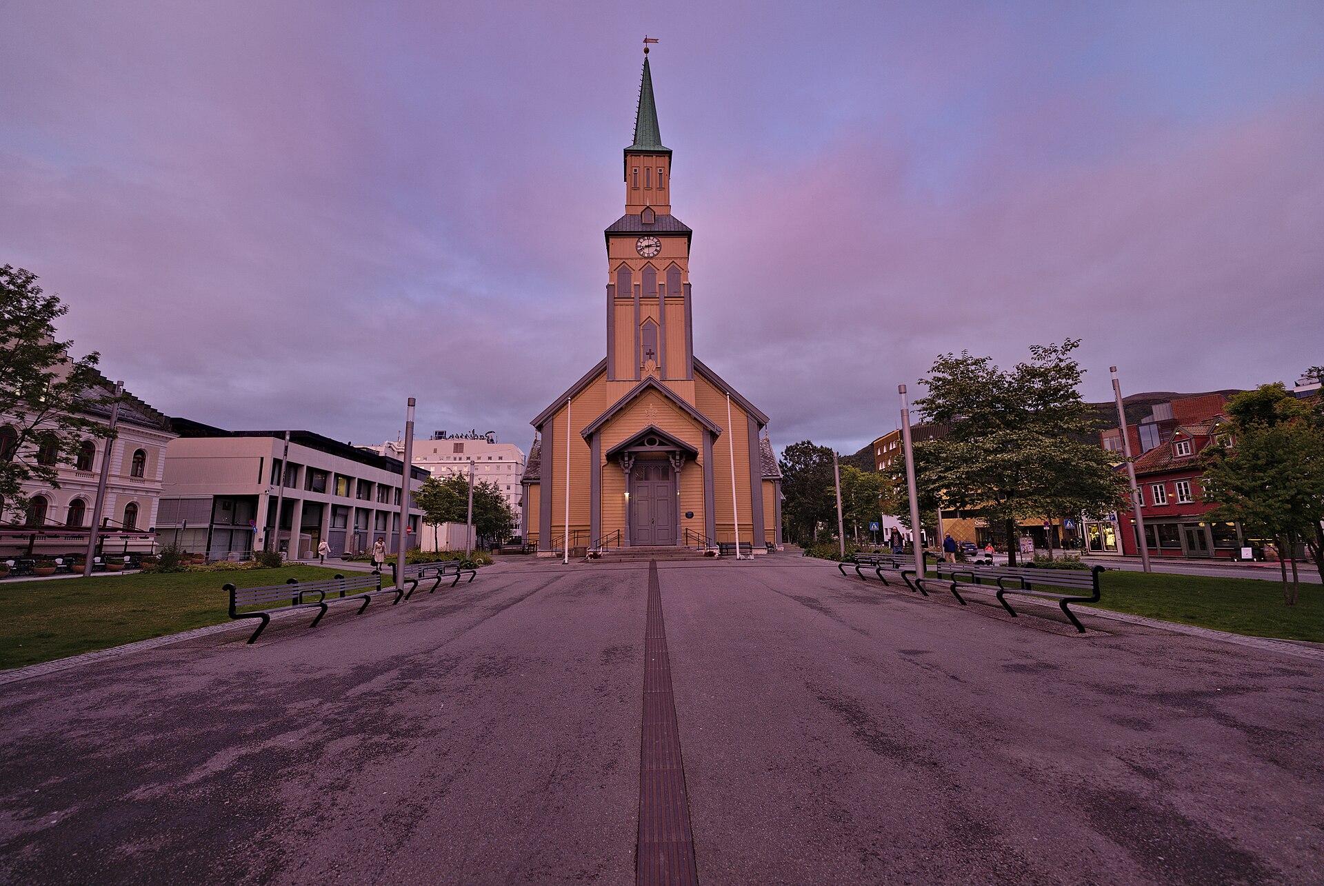 Tromsø Cathedral and its square in the city centre at dusk