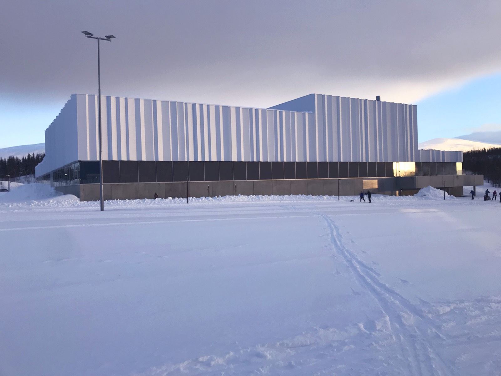 Tromsøbadet swimming centre exterior in winter snow