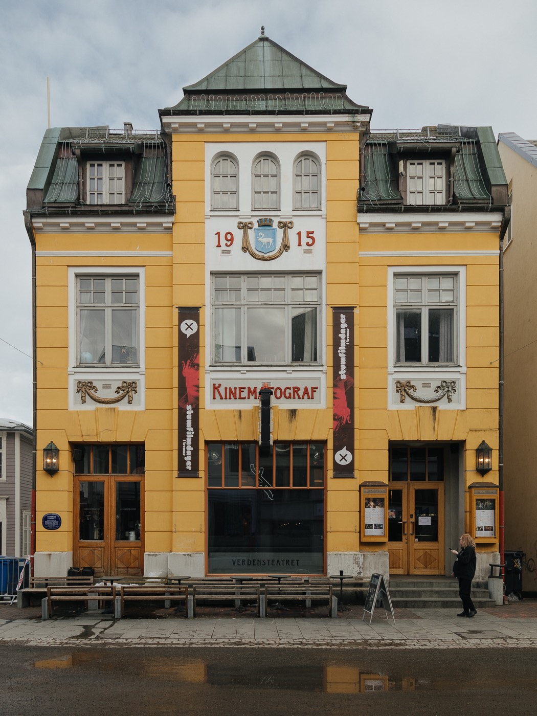 Historic Verdensteatret cinema facade on Storgata in Tromsø