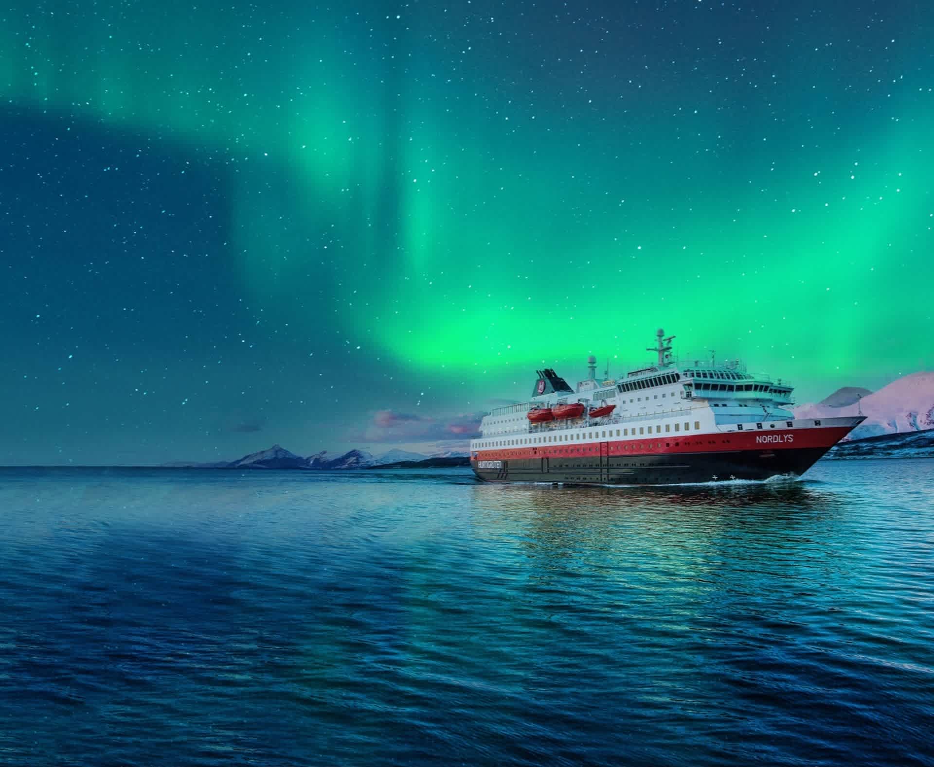 Hurtigruten MS Nordlys beneath northern lights; a different vessel from the shortlisted Rødne catamaran