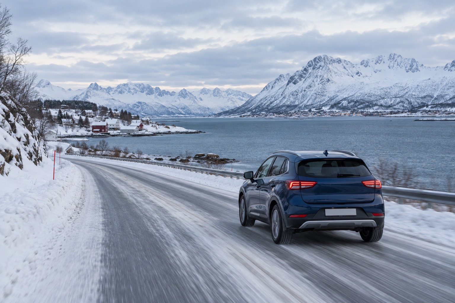A rental car driving on a snowy Arctic road near Tromsø