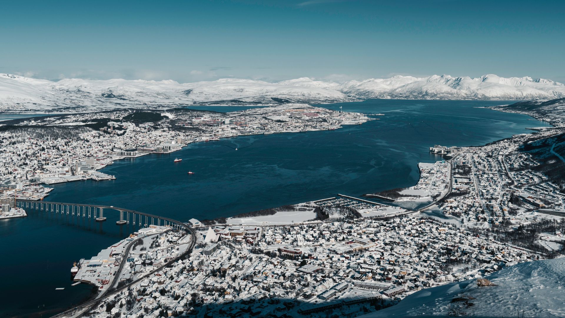 Aerial winter view of Tromsø city and fjord