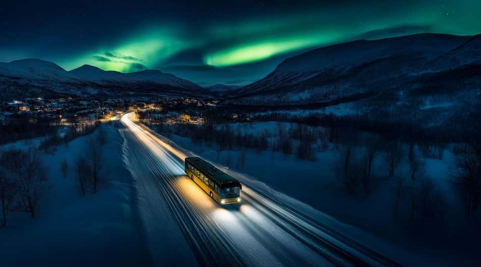 Coach and travellers at a northern lights stop